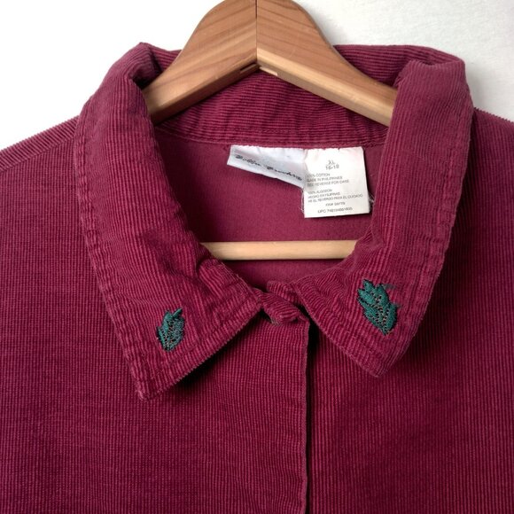 Bobbie Brooks Shirt XL Button Up Embroidered Leaf Leaves Maroon Corduroy Nature - Picture 8 of 10
